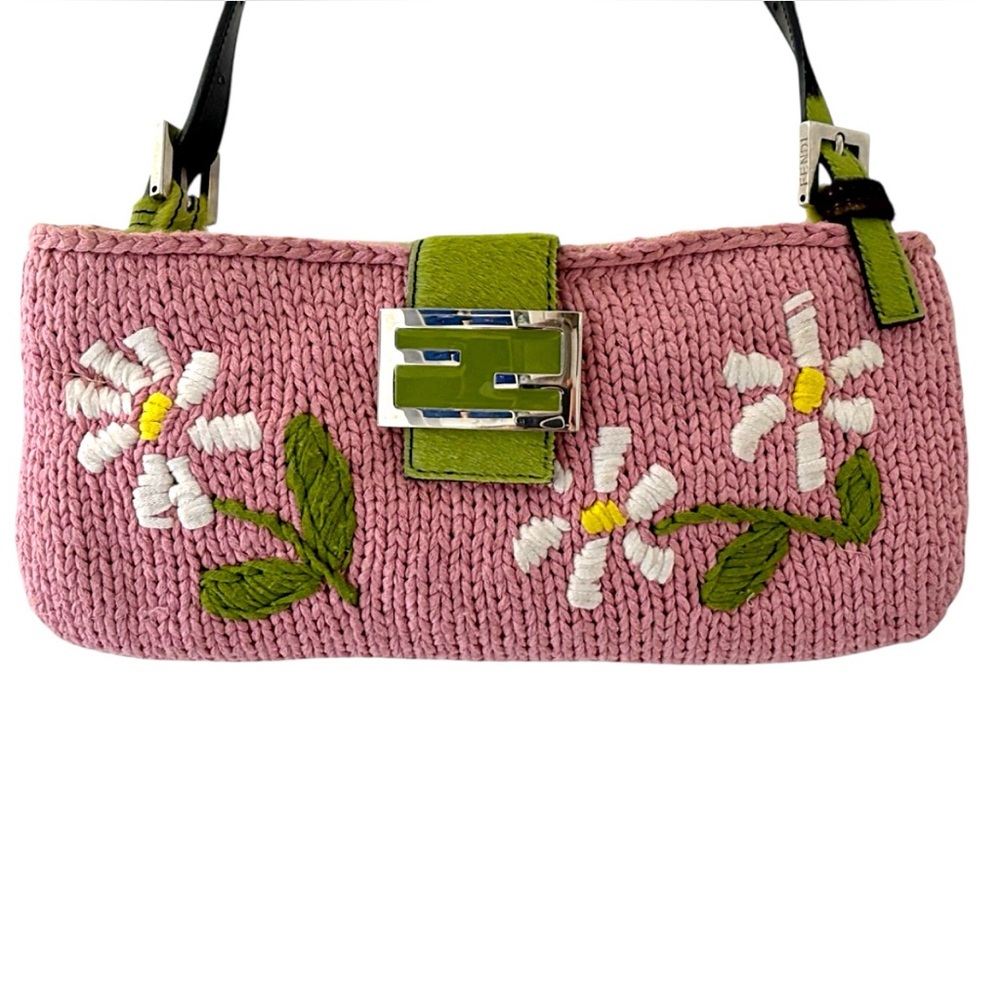 FENDI VINTAGE RARE Y2K Pink Knit Floral Green Cow Print Pony Hair Trim Baguette - Picture 4 of 16